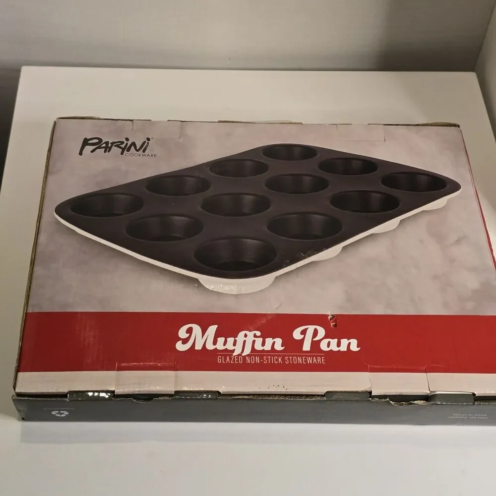 Parini Cookware 12-Cup Stoneware Muffin Pan Glazed Nonstick Pan New Open Box